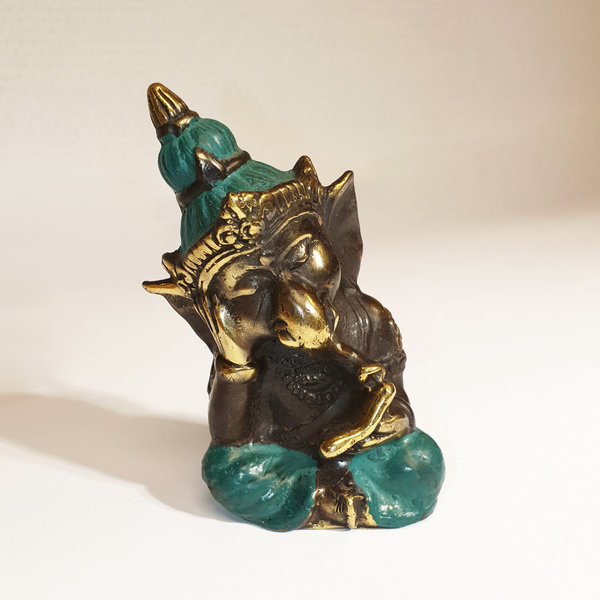 Ganesha liest vor, grüne Einfärbungen, Bronze, Höhe ca. 9cm
