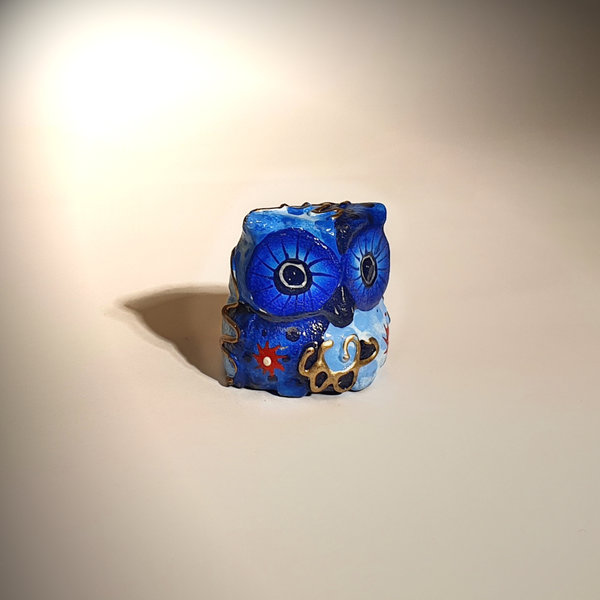 Mini-Eule aus Holz, bemalt, Hauptfarbe blau